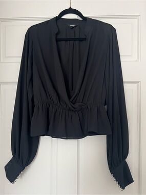Express Black Wrap-Front Blouse with Pearl-Cuff Long Sleeves